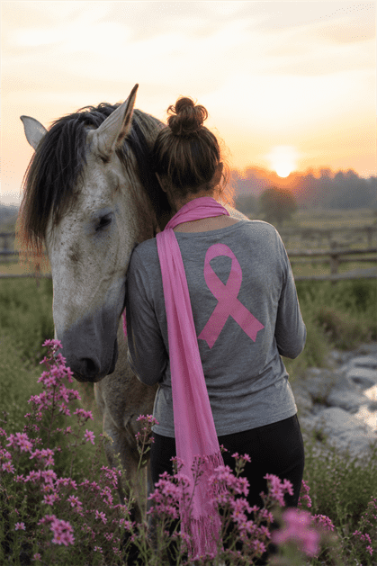 Equine Support for Individuals Living with Terminal Breast Cancer - a woman standing with a horse at sunset